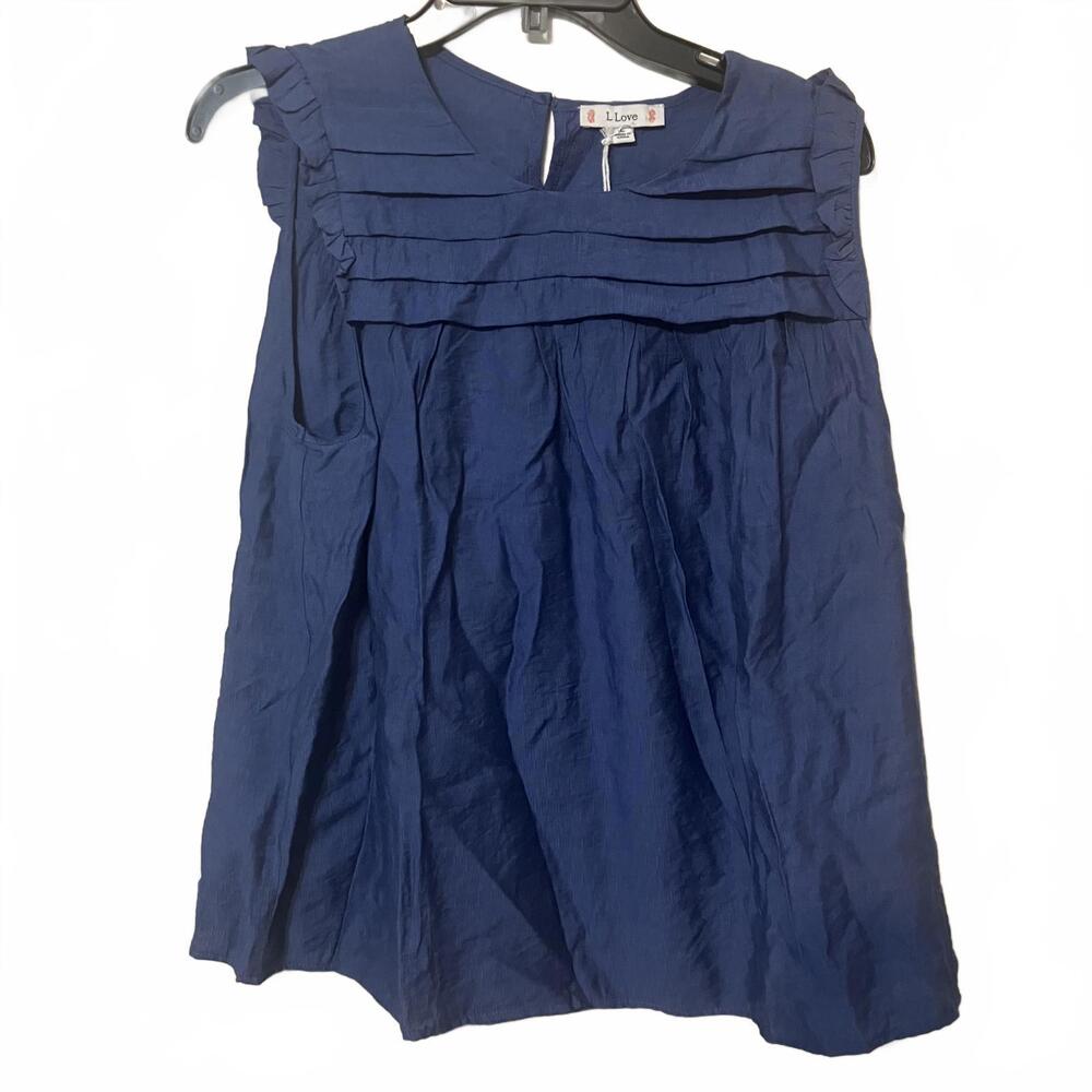 L Love Sleeveless Navy Blue Ruffle Sleeve Chic Flowy Blouse Top Size Medium-New